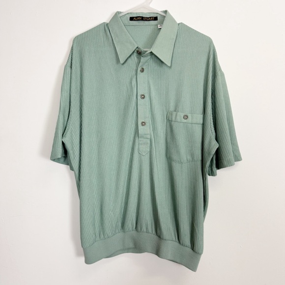 Alan Stuart Ribbed Pleated Plisse Banded Waist Polo Mens XL Green Textured VTG
